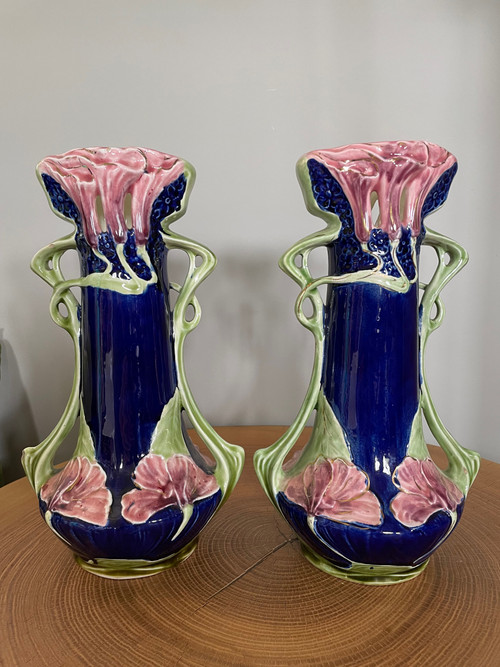 Pair of Art Nouveau slip vases