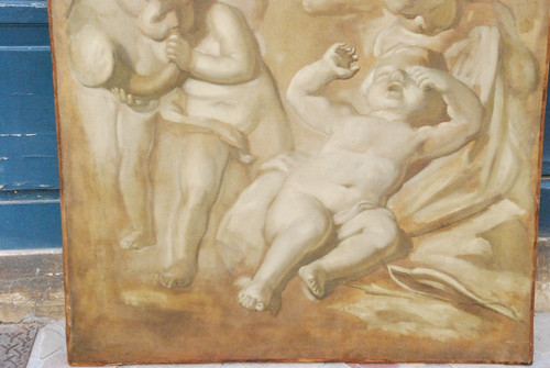 Großes Öl Auf Leinwand Putti In Grisaille