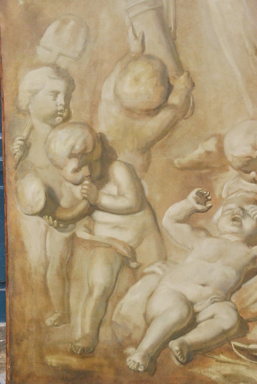 Großes Öl Auf Leinwand Putti In Grisaille