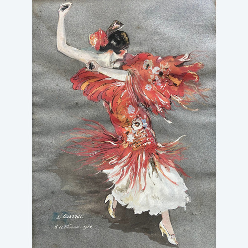 L. Guasqui- La Argentina (1890-1936) -célèbre Danseuse de Flamenco - Gouache signé et daté 1932