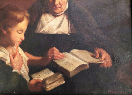 Tableau huile sur toile scène d'une religieuse donnant une leçon de catéchisme à un enfant