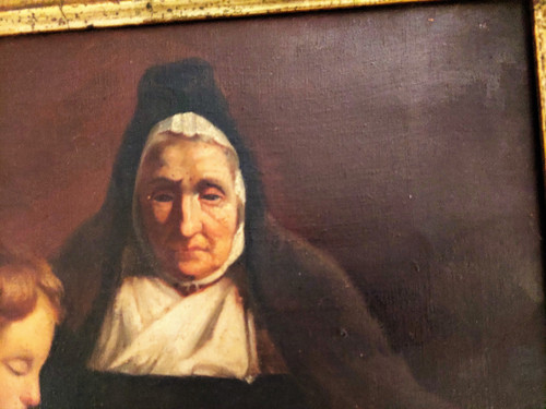 Tableau huile sur toile scène d'une religieuse donnant une leçon de catéchisme à un enfant
