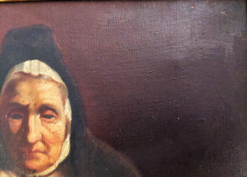 Tableau huile sur toile scène d'une religieuse donnant une leçon de catéchisme à un enfant