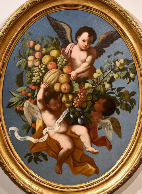 Trois Anges Tenant Une Composition De Fruits, Luigi Garzi (pistoia 1638 - Rome 1721) Attribué