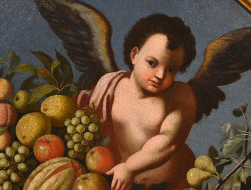 Trois Anges Tenant Une Composition De Fruits, Luigi Garzi (pistoia 1638 - Rome 1721) Attribué