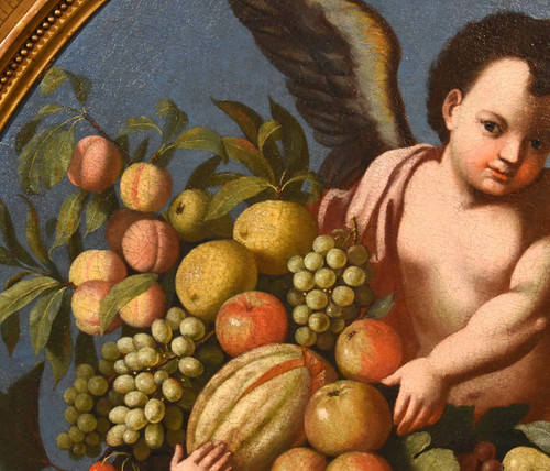 Trois Anges Tenant Une Composition De Fruits, Luigi Garzi (pistoia 1638 - Rome 1721) Attribué