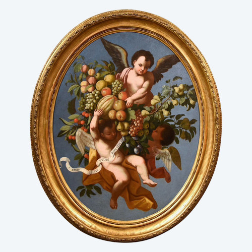 Trois Anges Tenant Une Composition De Fruits, Luigi Garzi (pistoia 1638 - Rome 1721) Attribué