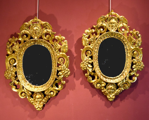 Pair Of Carved And Gilded Mirror Cabinets 'in The Manner Of Sansovino', Venice 18th Century