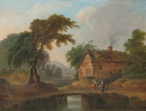 Ecole flamande du XVIIIe siècle - Paysage animé avec un pont et une chaumière