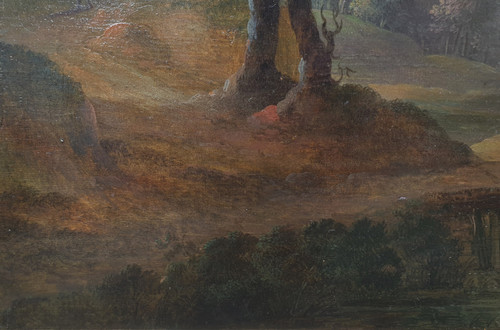 Ecole flamande du XVIIIe siècle - Paysage animé avec un pont et une chaumière