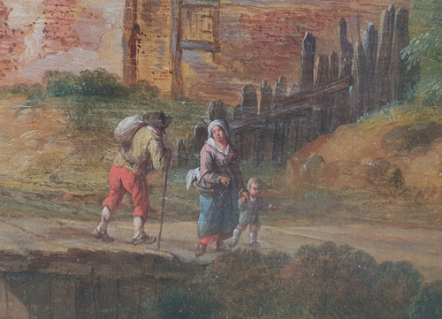 Ecole flamande du XVIIIe siècle - Paysage animé avec un pont et une chaumière