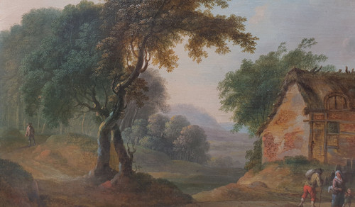 Ecole flamande du XVIIIe siècle - Paysage animé avec un pont et une chaumière
