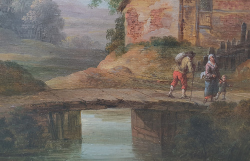 Ecole flamande du XVIIIe siècle - Paysage animé avec un pont et une chaumière
