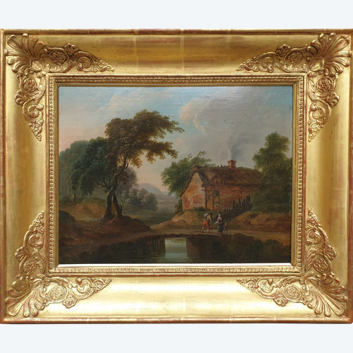 Ecole flamande du XVIIIe siècle - Paysage animé avec un pont et une chaumière
