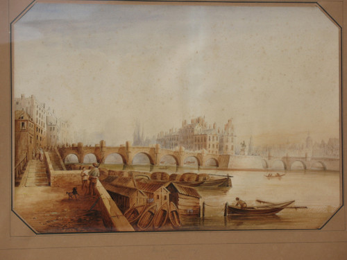 Vue du Pont Neuf à Paris grande aquarelle encadrée époque 19ème