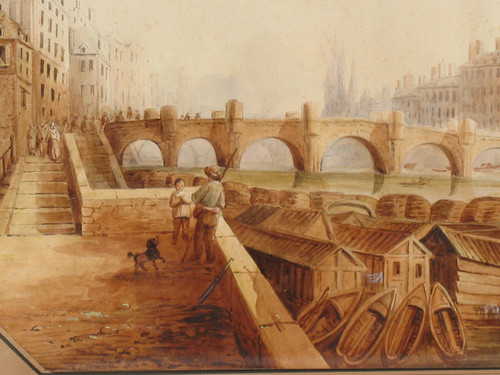 Vue du Pont Neuf à Paris grande aquarelle encadrée époque 19ème