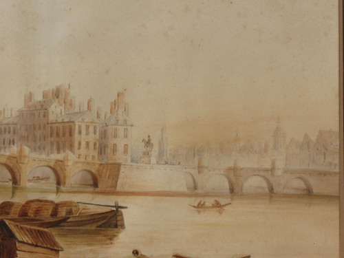 Vue du Pont Neuf à Paris grande aquarelle encadrée époque 19ème