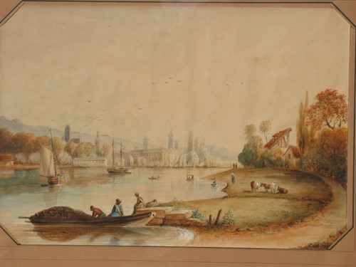 Vue de Rouen grande aquarelle encadrée époque 19ème