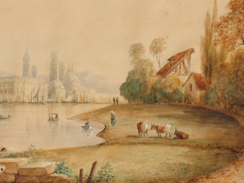 Vue de Rouen grande aquarelle encadrée époque 19ème