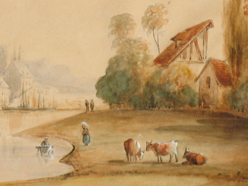 Vue de Rouen grande aquarelle encadrée époque 19ème
