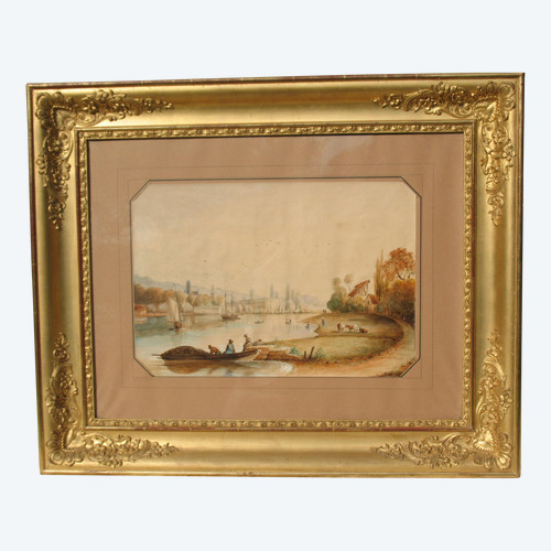 Vue de Rouen grande aquarelle encadrée époque 19ème