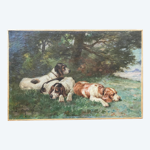 „Jagdhunde ruhen“. Louis Darey. Öle auf Leinwand.