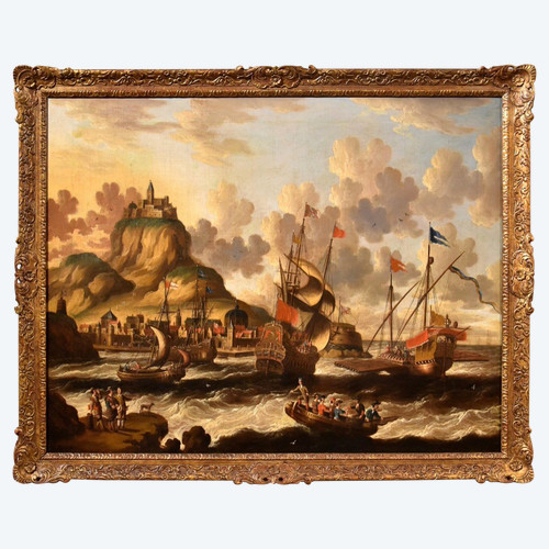 Coastal View With Ships And Castle, Peter Van Der Velde (antwerp 1634 - C.1714) Monogrammed