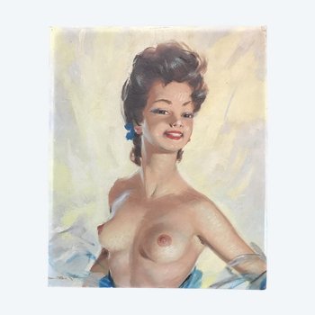 Oil On Canvas Young Naked Woman 1950s Illegible Signature