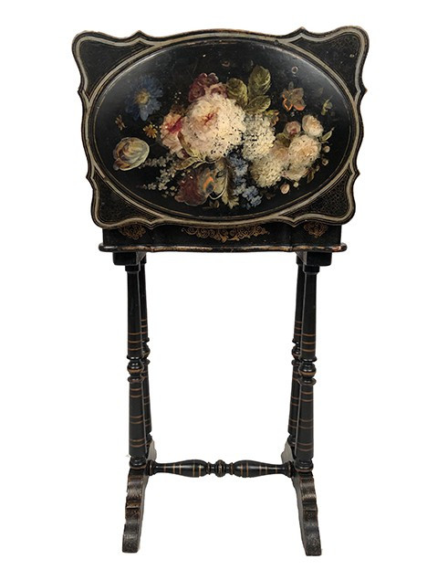 Small Napoleon III work table, wood and boiled cardboard with painted flower decoration