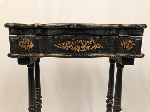 Small Napoleon III work table, wood and boiled cardboard with painted flower decoration