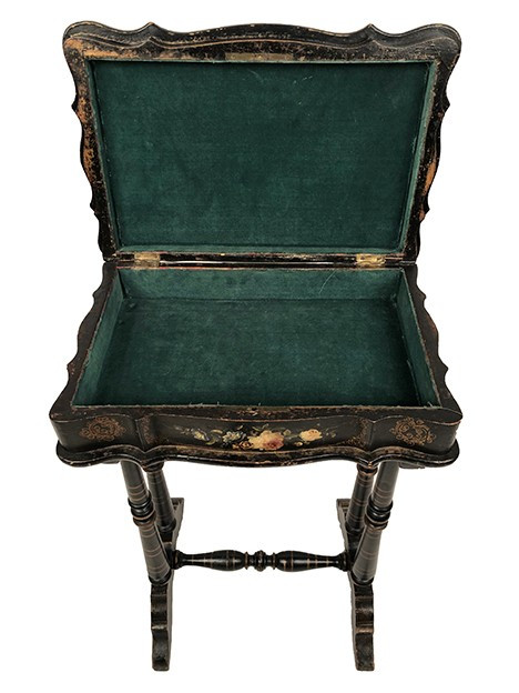 Small Napoleon III work table, wood and boiled cardboard with painted flower decoration