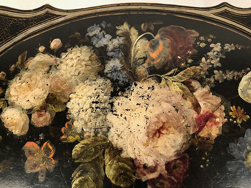Small Napoleon III work table, wood and boiled cardboard with painted flower decoration