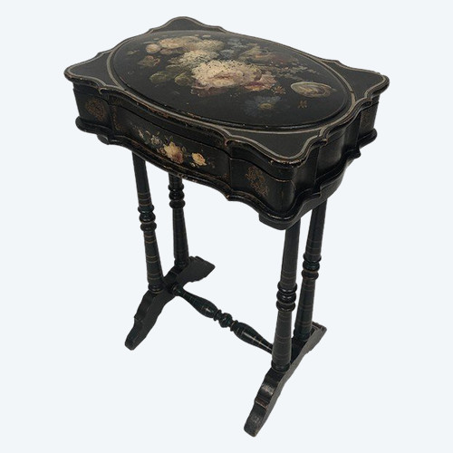 Small Napoleon III work table, wood and boiled cardboard with painted flower decoration