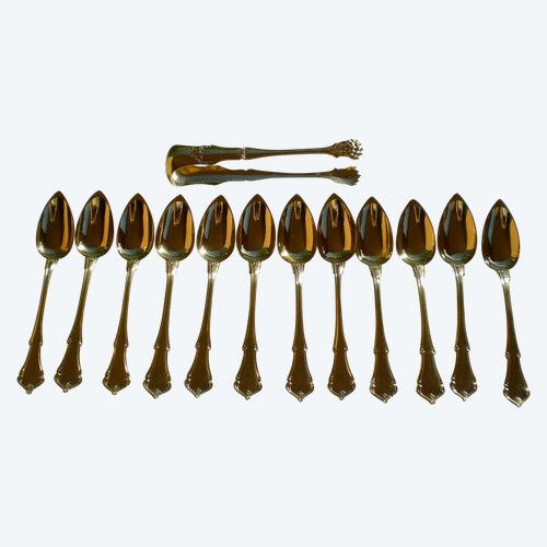 Scatola di 12 cucchiai e pinze per zucchero abbinate in vermeil Orafo T. Berthier fine XIX secolo