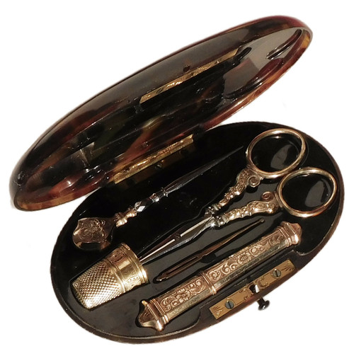 Vermeil sewing kit in tortoiseshell case