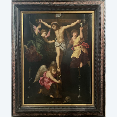 Kreuzigung mit drei Engeln - Öl Auf Holz -XVII.