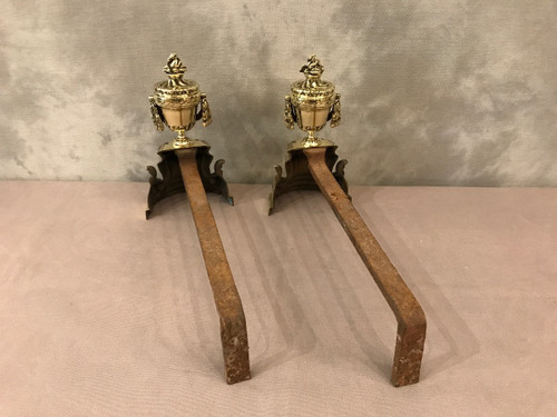 Pair Of Antique Louis XVI Style Polished Bronze Andirons From The 19th Century