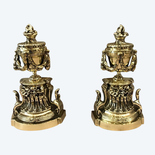 Pair Of Antique Louis XVI Style Polished Bronze Andirons From The 19th Century