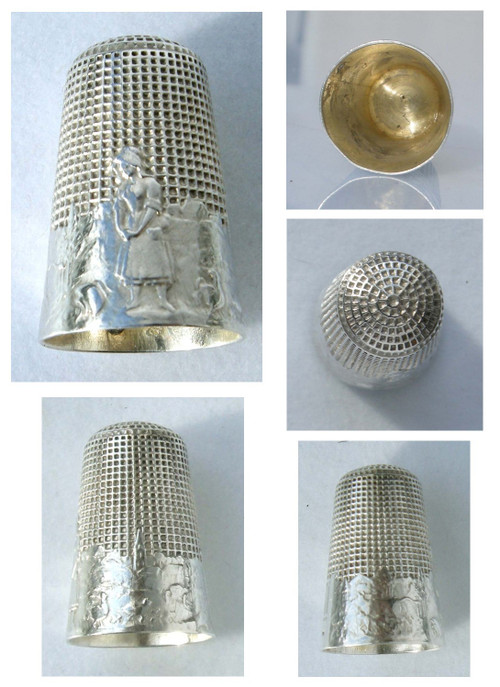 Set da cucito in argento Art Nouveau "La laitière et le pot au lait" (La lattaia e il bricco del latte) fine XIX secolo