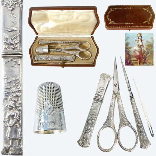 Set da cucito in argento Art Nouveau "La laitière et le pot au lait" (La lattaia e il bricco del latte) fine XIX secolo