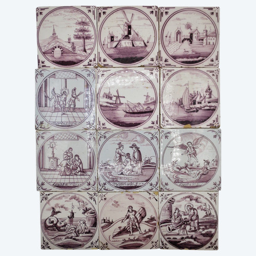 Twelve earthenware tiles, Delft 18th century.