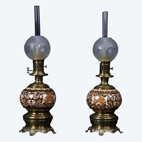 Coppia di lampade Gien, non elettrificate, XIX secolo