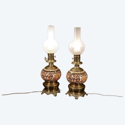 Paire De Lampes Gien, Non électrifiées, XIXème Siècle