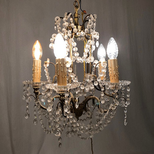 Lampadario a cinque luci, metallo dorato, fine XIX secolo