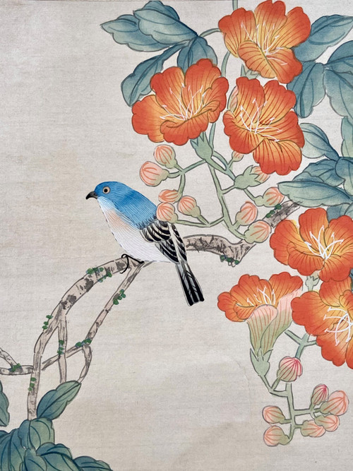 China, 1950s, Silk Painting Bird Among Flowering Branches.