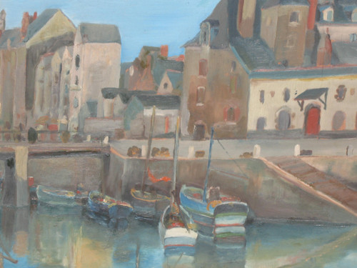Port du Croisic huile sur isorel signée Georges Demoulin Scène de port 