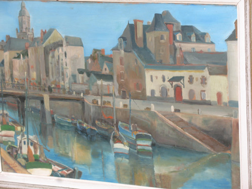 Port du Croisic huile sur isorel signée Georges Demoulin Scène de port 