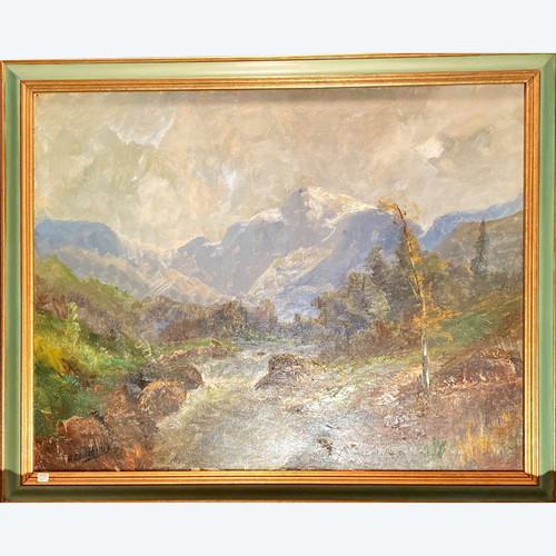 Painting, mountain landscape signed A Godchaux