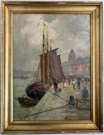 Paul Ortiou (1867-?) - Öl, Boot am Kai, Marine, Port Animé