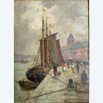 Paul Ortiou (1867-?) - Huile, Bateau à Quai, Marine, Port Animé